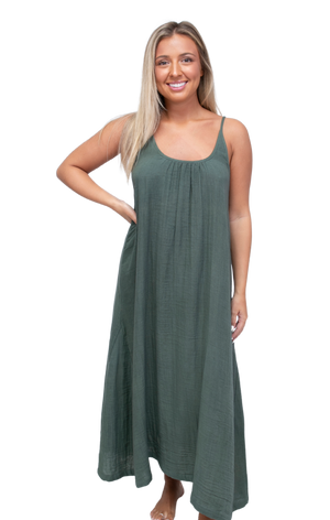 Gracie Gauze Midi Dress in Olive Green