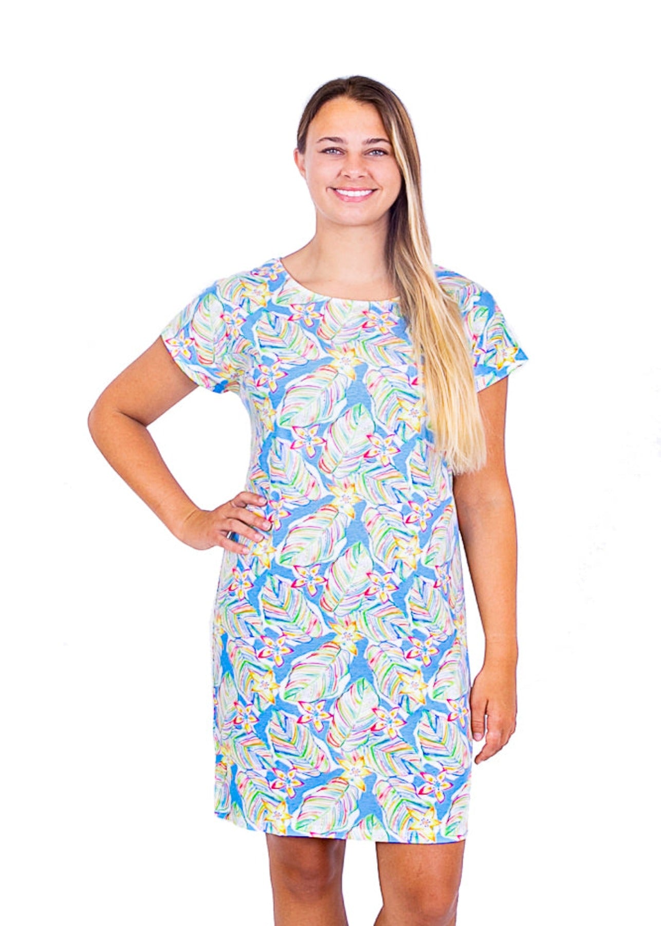 Jane Knit T-Shirt Dress | Tropical Leaf