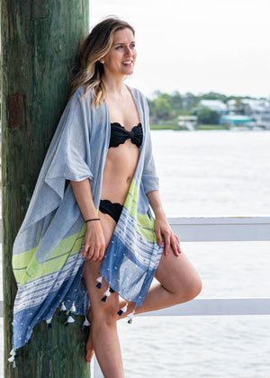 tassel shoulder travel wrap swim cover up coverup swimsuit resort wear beach bathing suit stripe blue