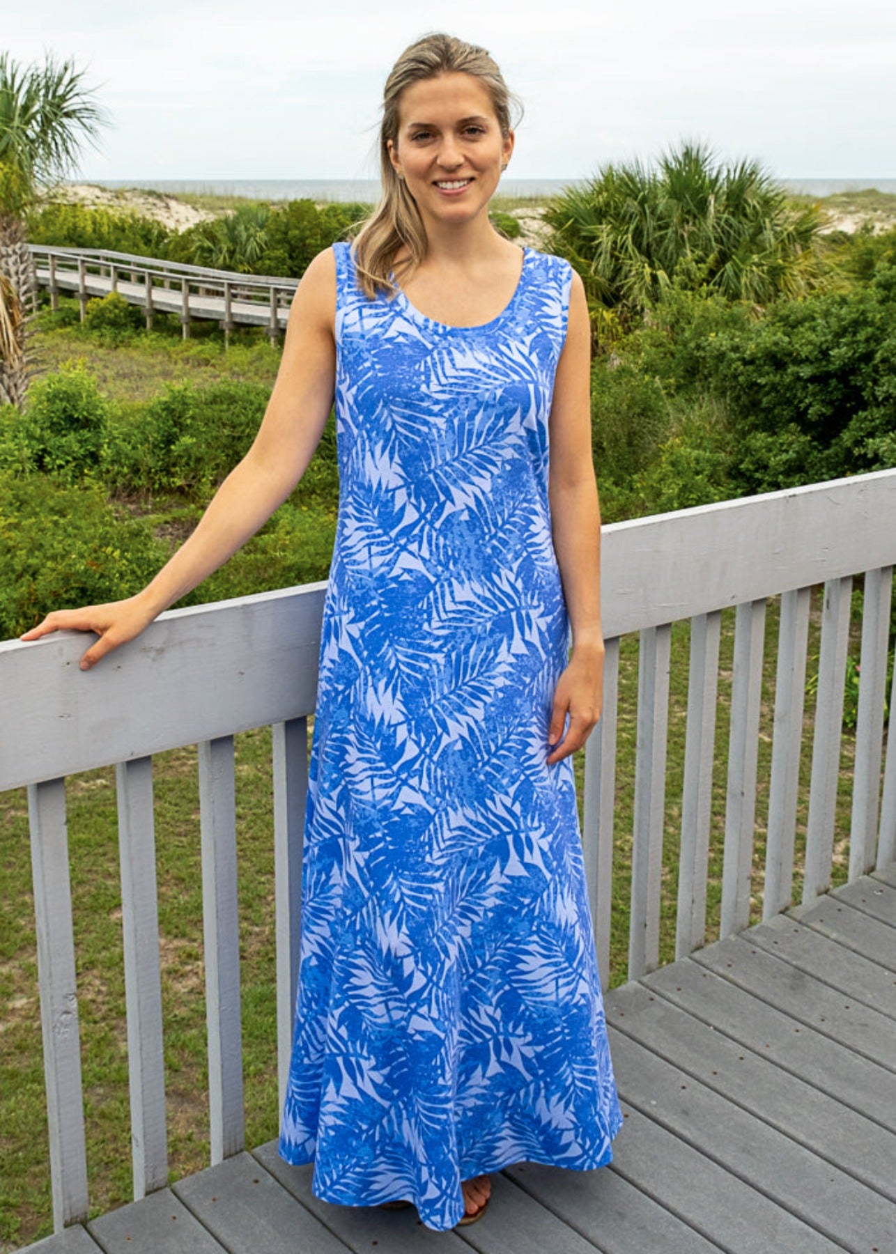 maxi dress beach vacation cruise wear blue tropical palm