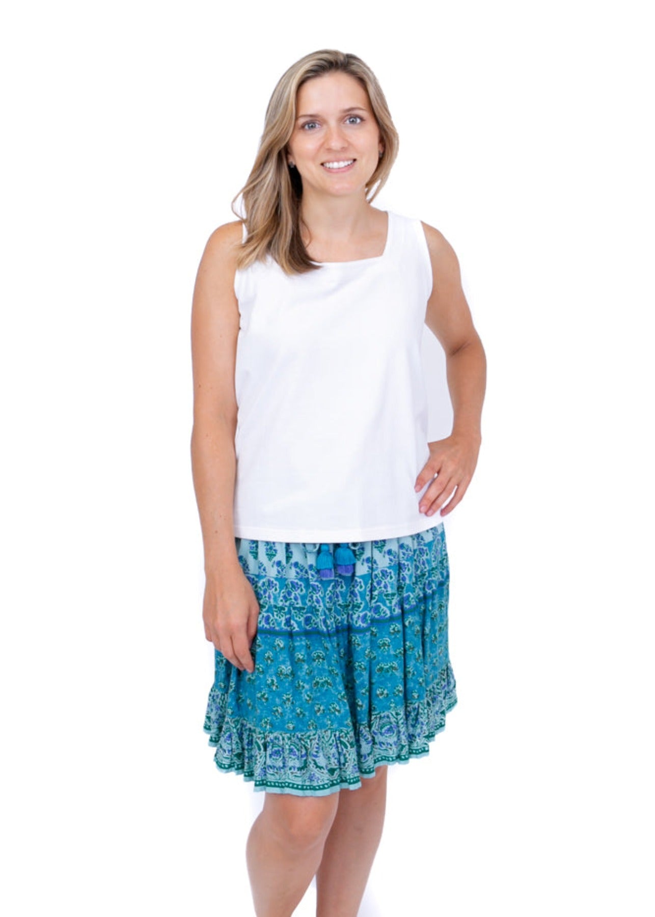 elastic waistband skirt tassel boho blue green comfortable fun