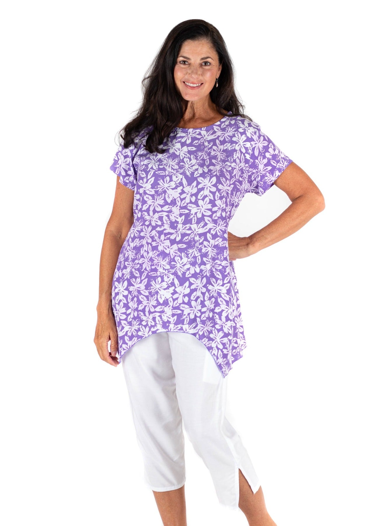 short sleeve jewel neckline shirt top beach vacation wear purple floral comfortable